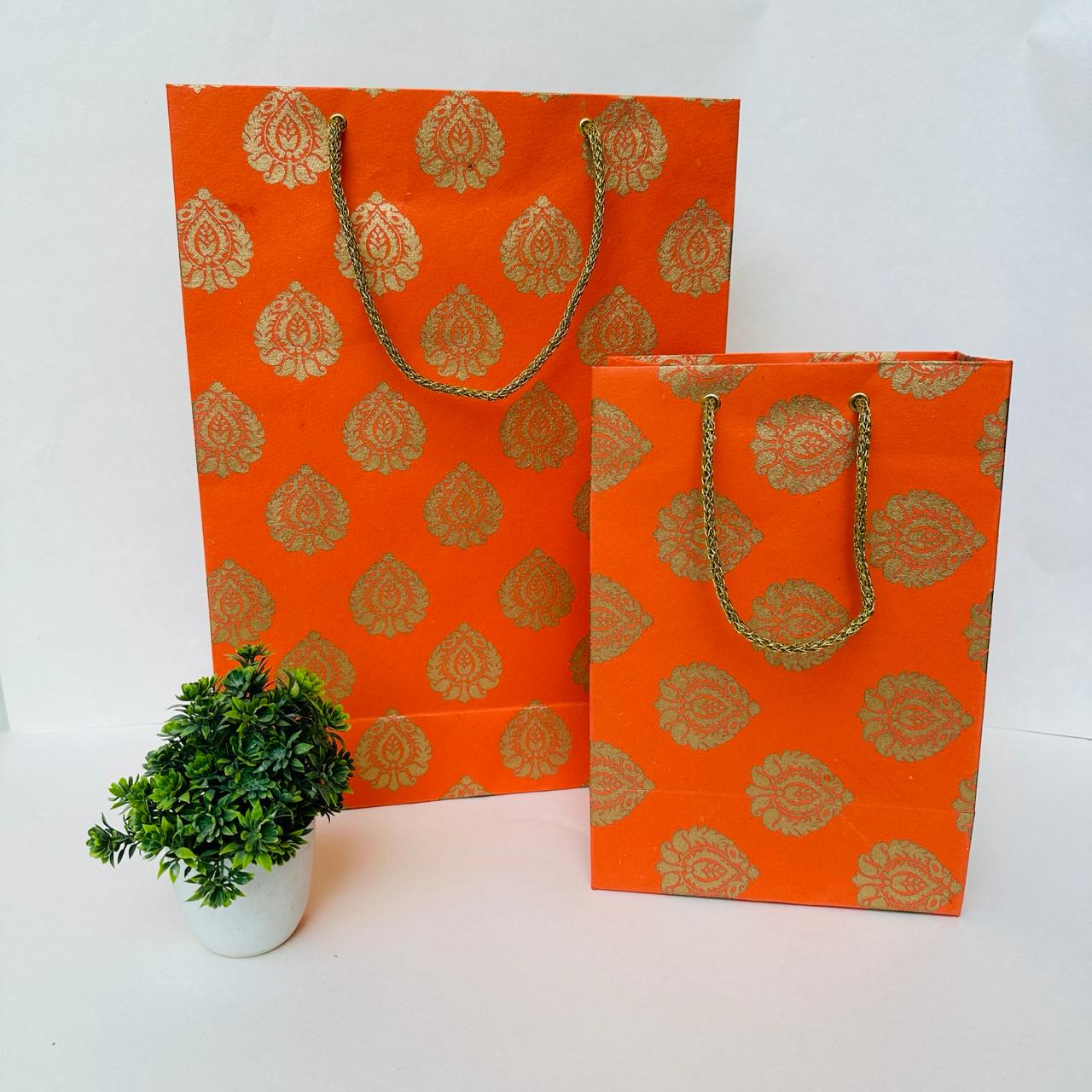 Handmade Paper Bags in Golden Block Print